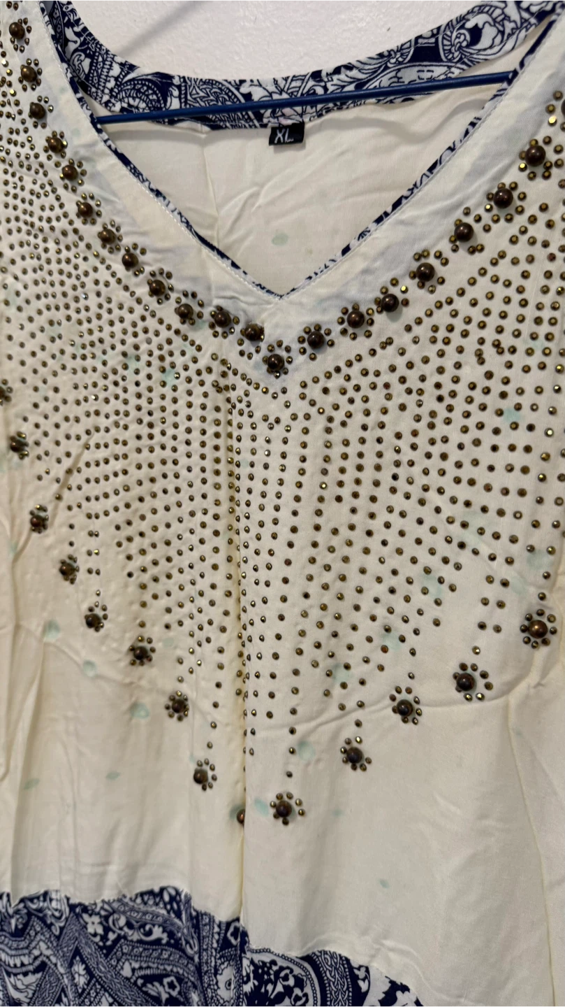 Beige and Navy Paisley Dress with Beading - XL - photo 4