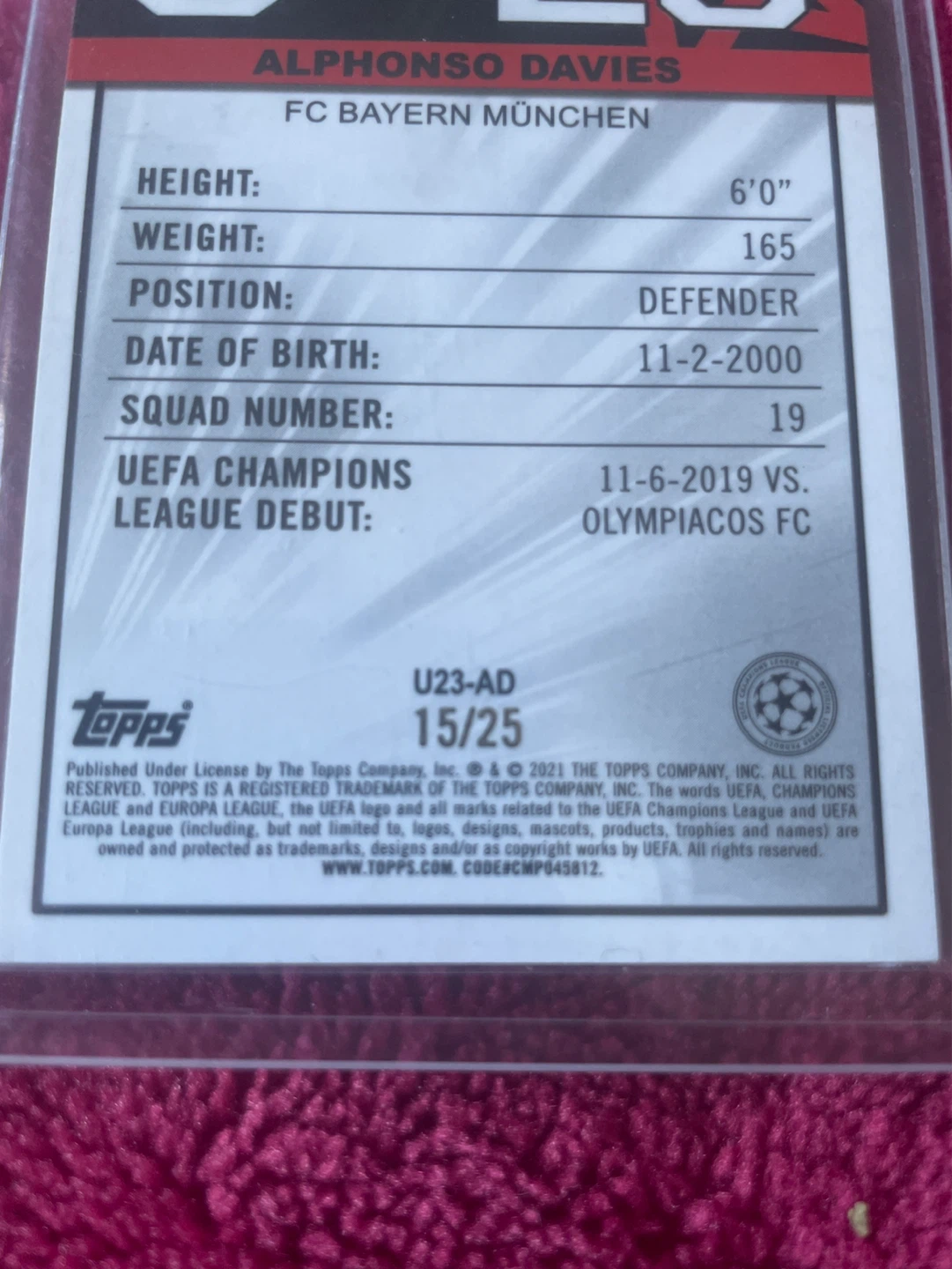 2021 Topps Merlin U23 Alphonso Davies FC Bayern Card 15/25 - photo 3
