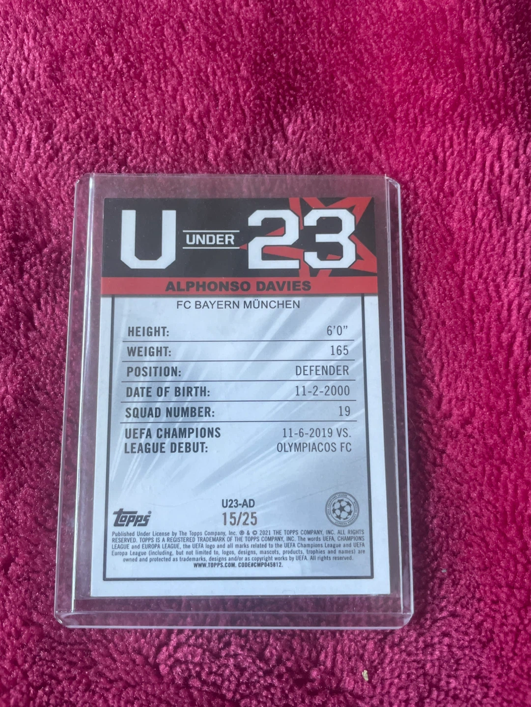 2021 Topps Merlin U23 Alphonso Davies FC Bayern Card 15/25 - photo 2