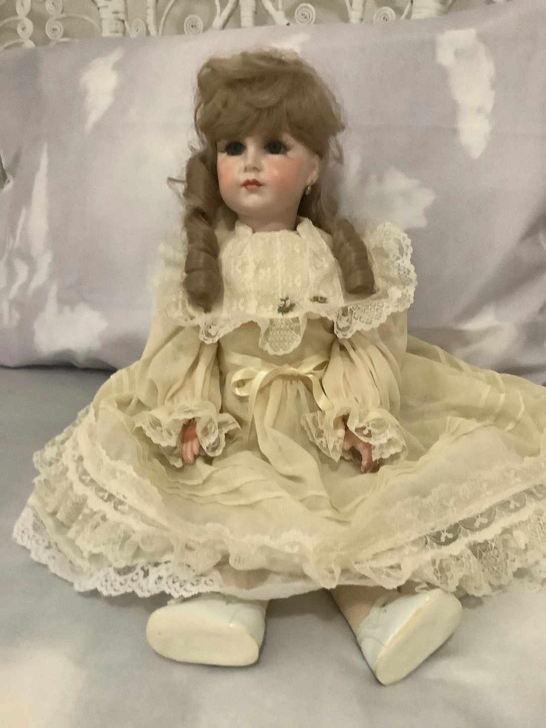 Vintage Porcelain Doll in Lace Dress made in California 1980s
