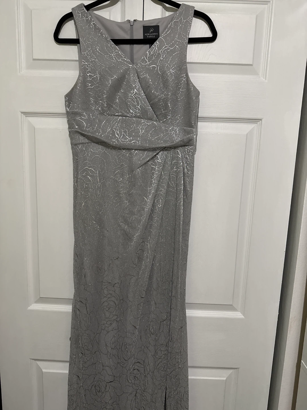 Adrianna Papell Silver Sparkle V-Neck Gown