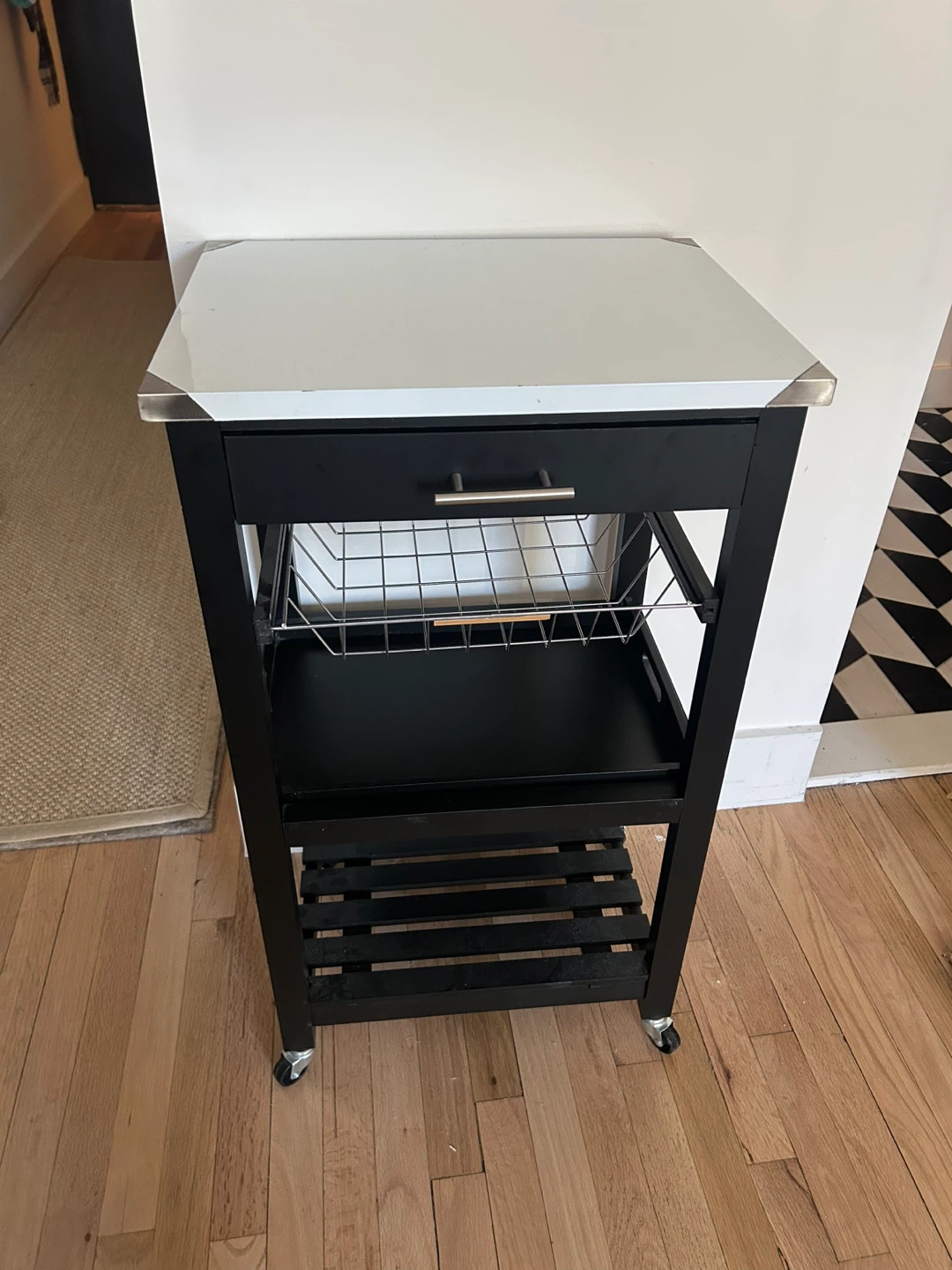 Black Kitchen Cart with Drawer and Shelves