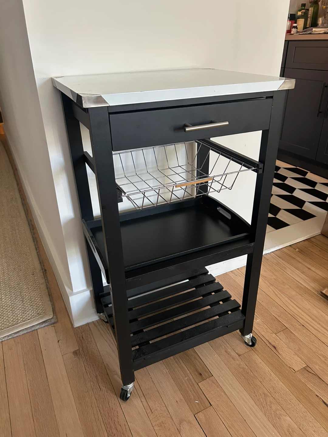 Black Kitchen Cart with Drawer and Shelves - photo 2