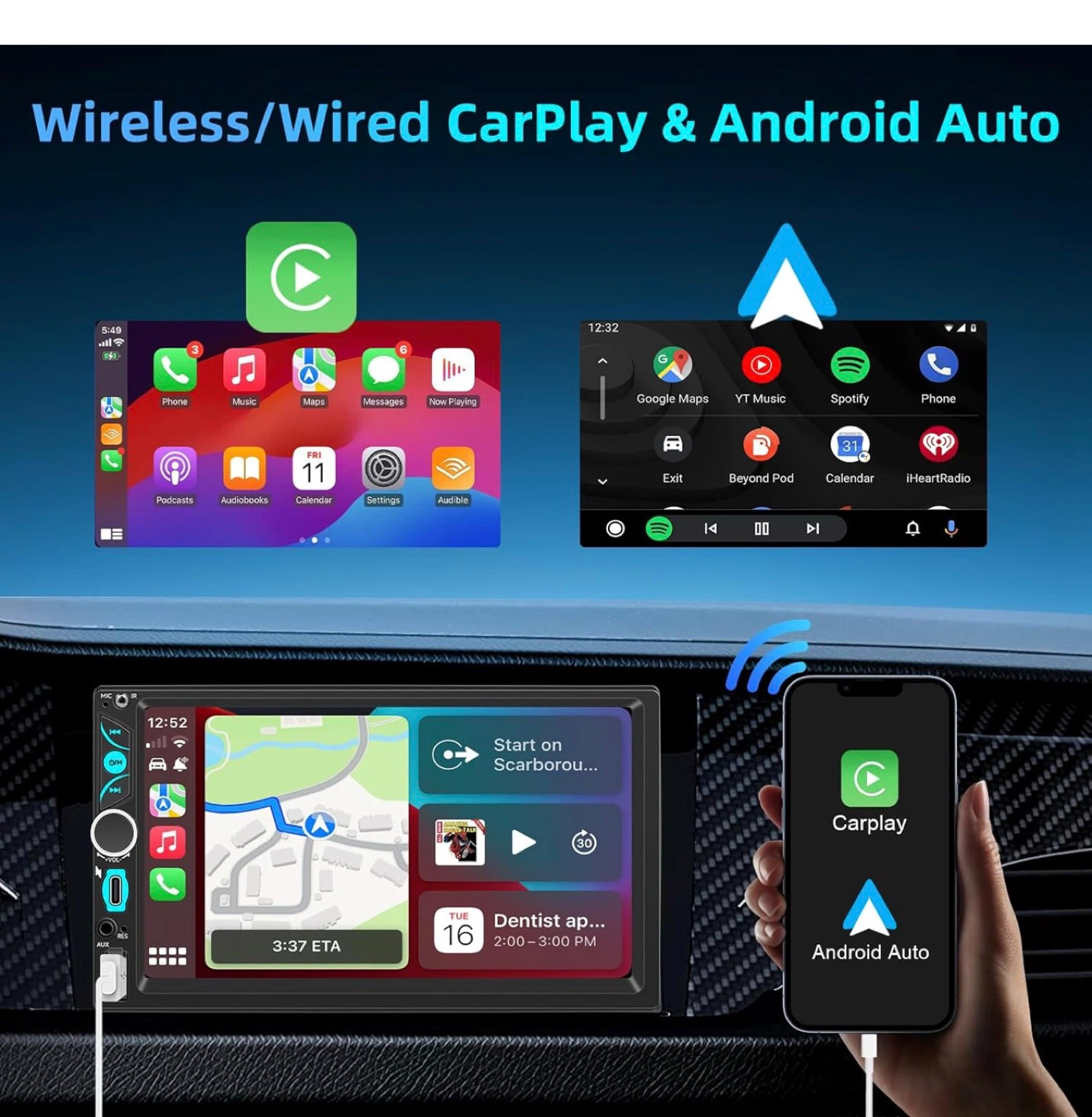 7" Wireless Double Din Car Stereo Apple CarPlay Android CA5 - photo 2