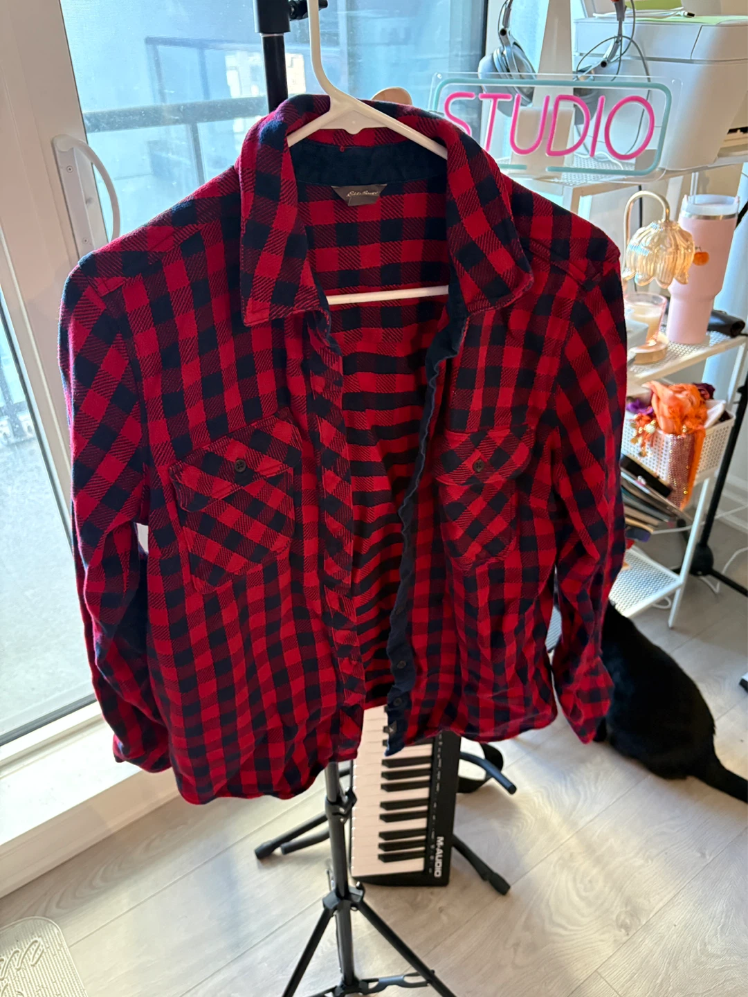 Eddie Bauer Women's Red and Dark Blue Plaid Flannel Shirt Size L