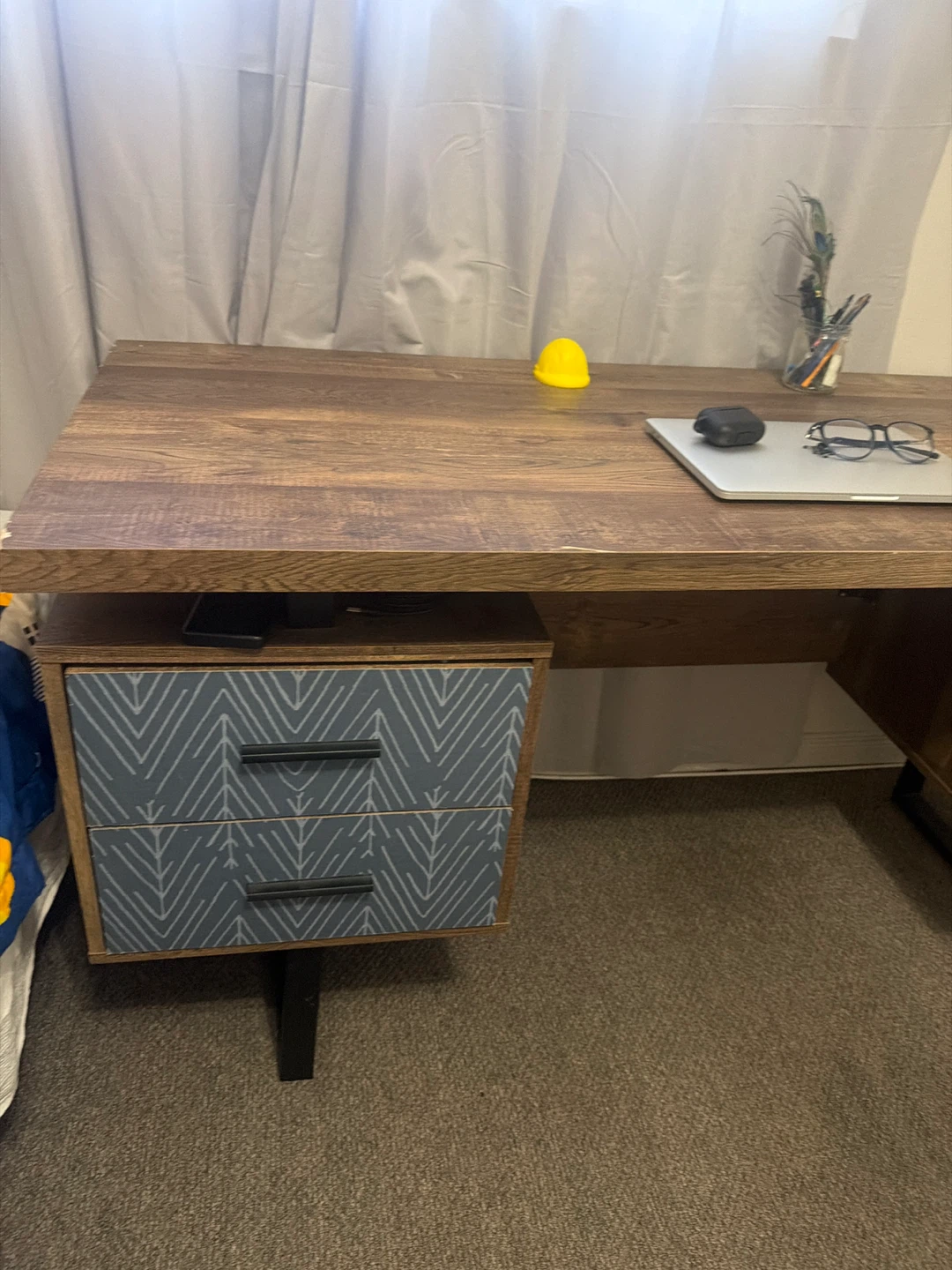 Rustic Wood Desk with Blue Patterned Drawers - photo 2