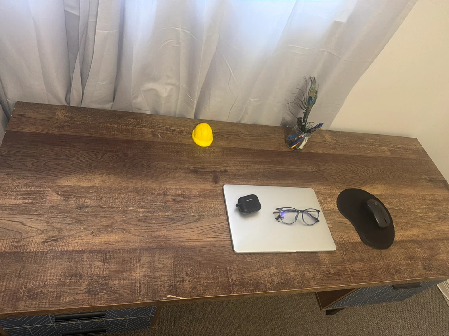 Rustic Wood Desk with Blue Patterned Drawers - photo 4