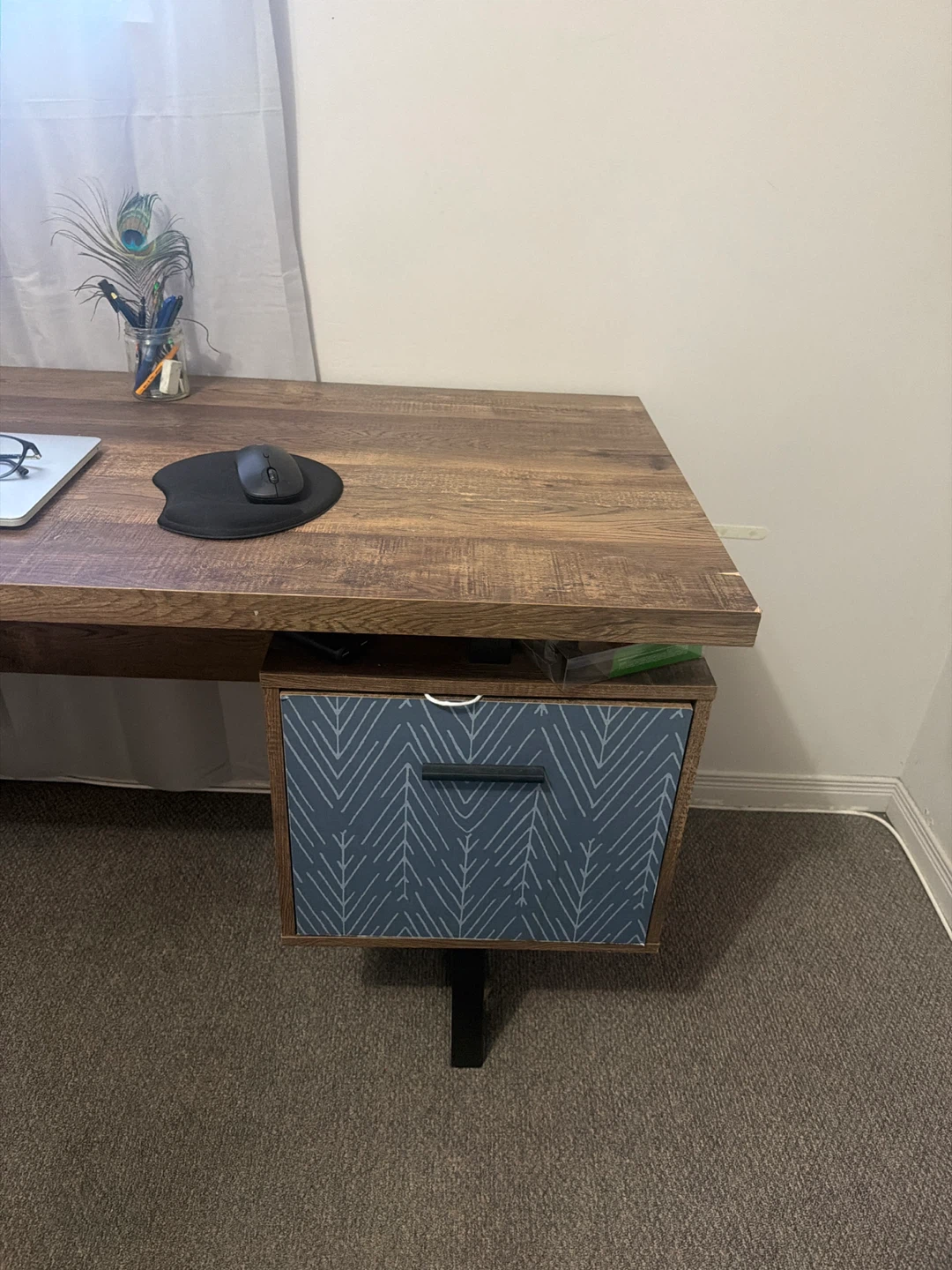 Rustic Wood Desk with Blue Patterned Drawers - photo 3