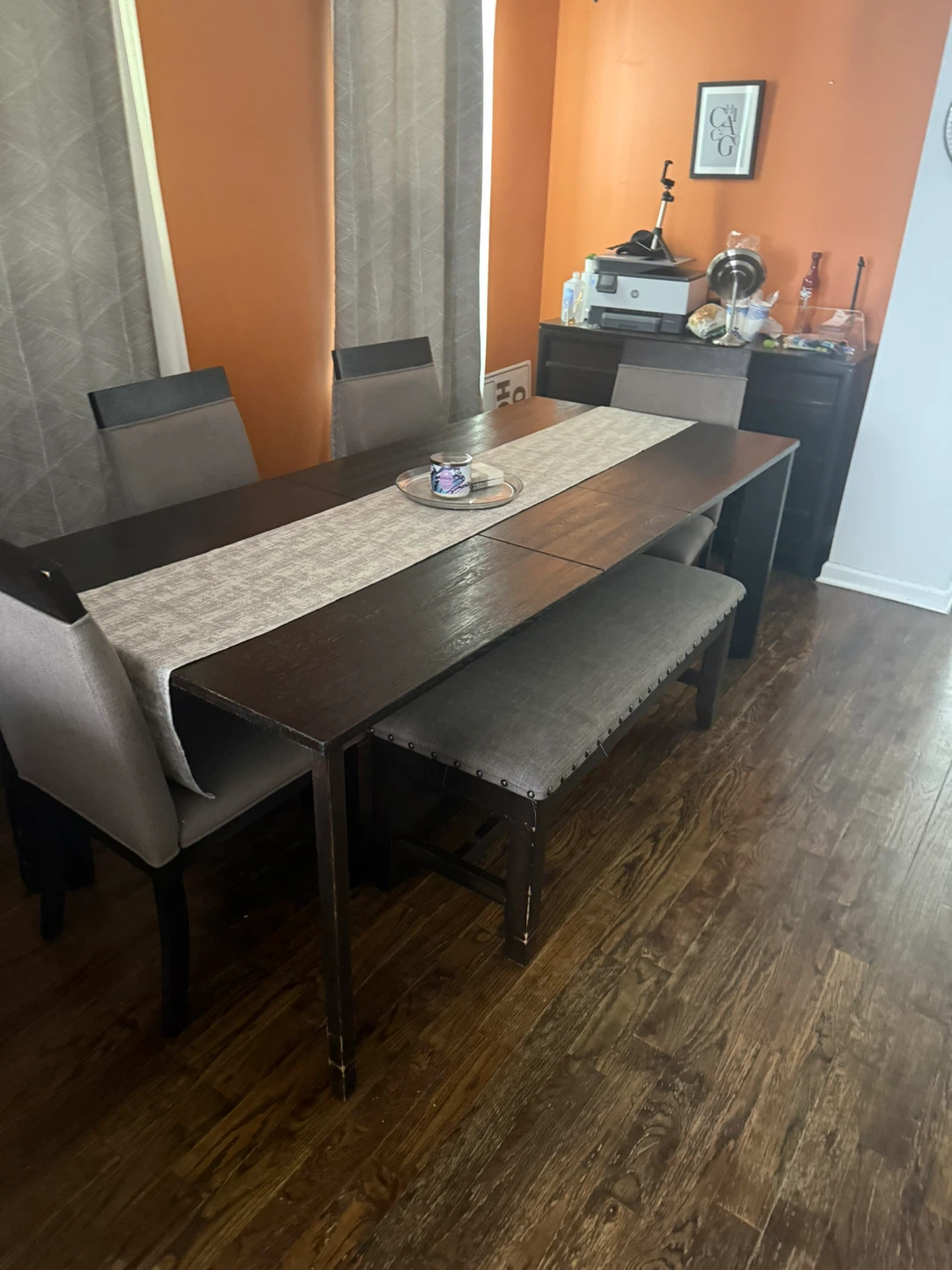 Dark Wood Dining Table with 4 Chairs and Bench