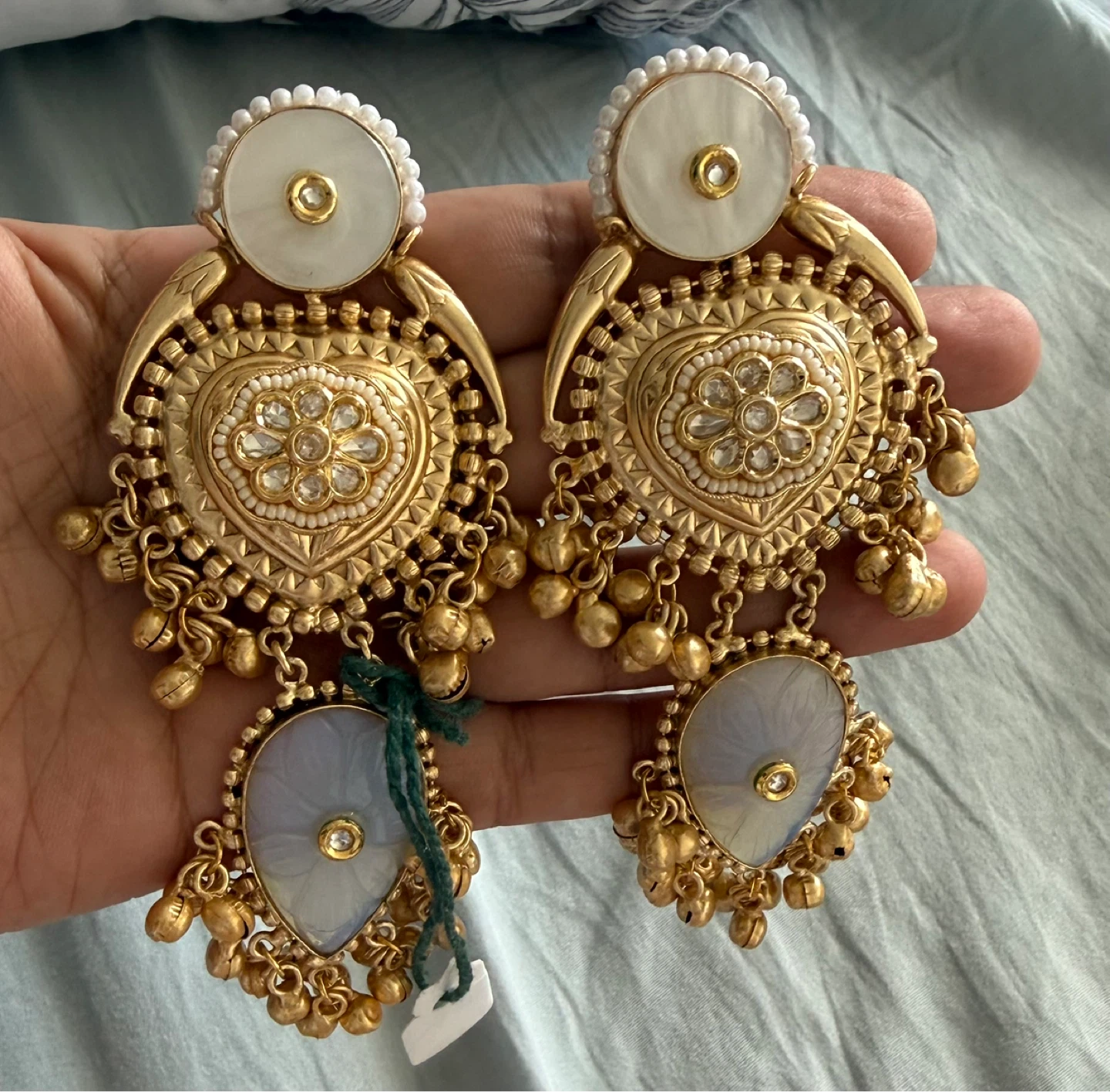Artificial Indian jewellery ornate gold dangle earring w/bells