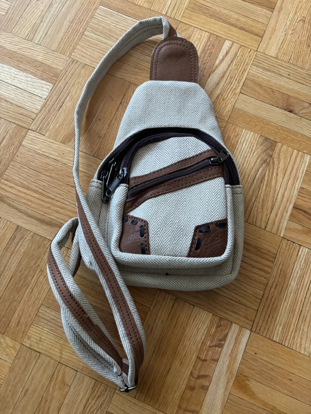 Hemp Sling Bag - Striped Canvas & Faux Leather