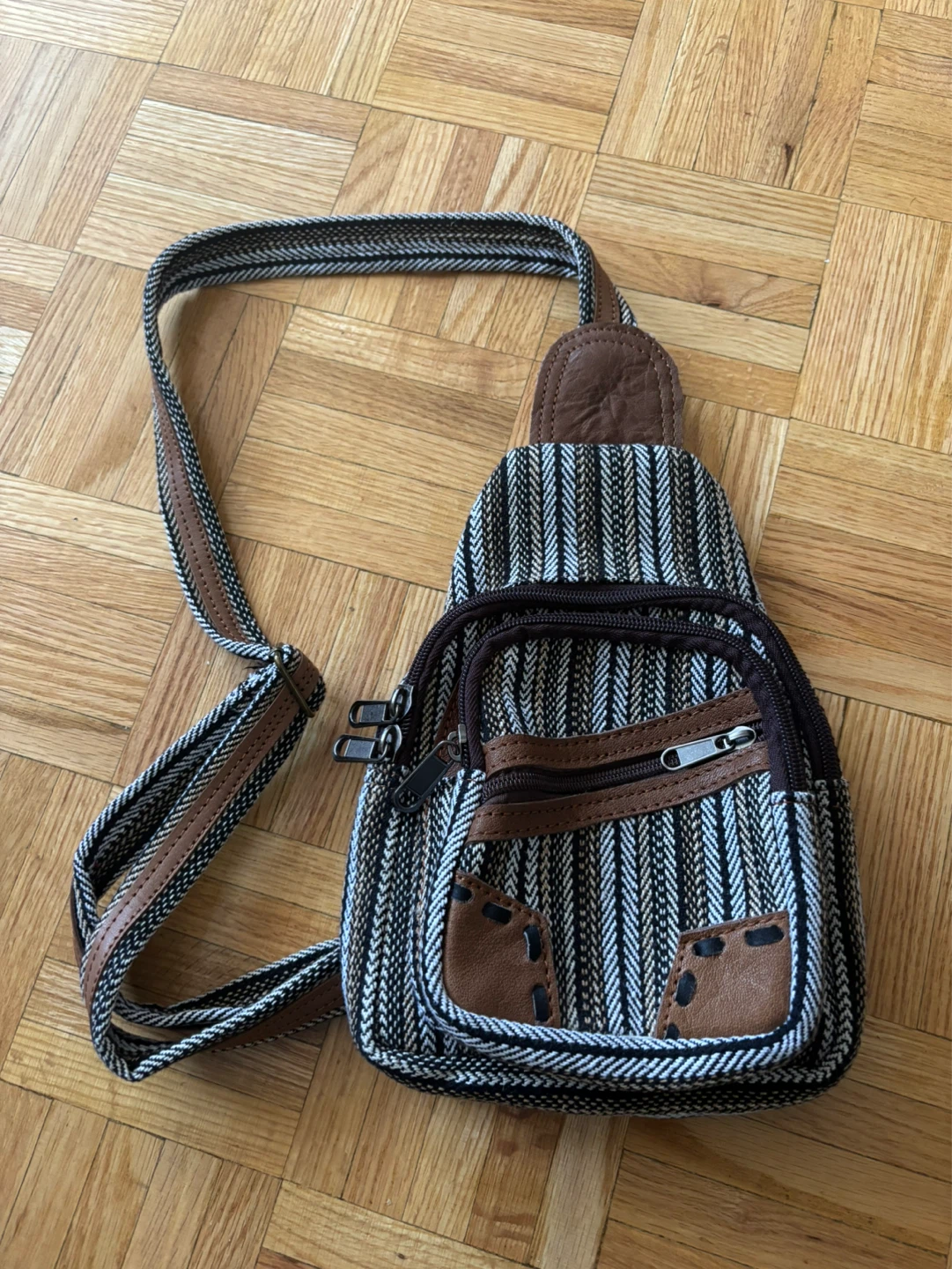 Hemp Sling Bag - Striped Canvas & Faux Leather - photo 2