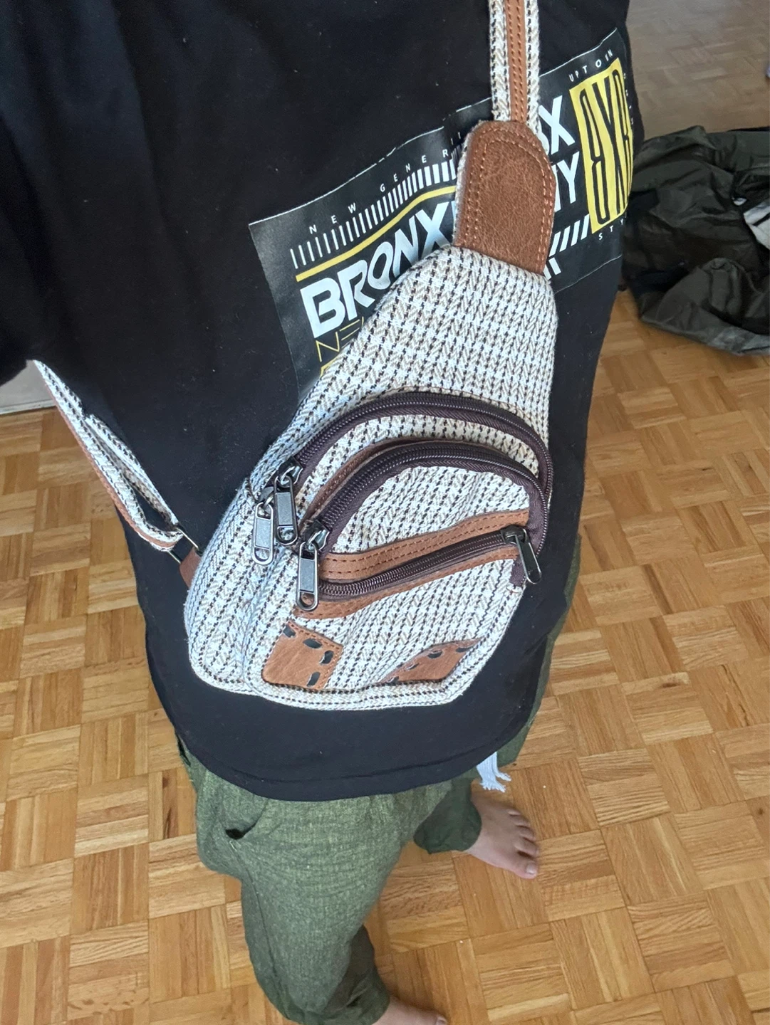 Hemp Sling Bag - Striped Canvas & Faux Leather - photo 4