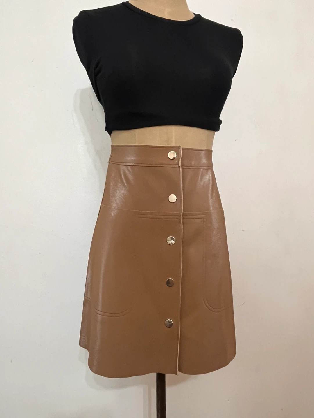 TOPSHOP Brown Faux Leather A-Line Skirt Size US 2