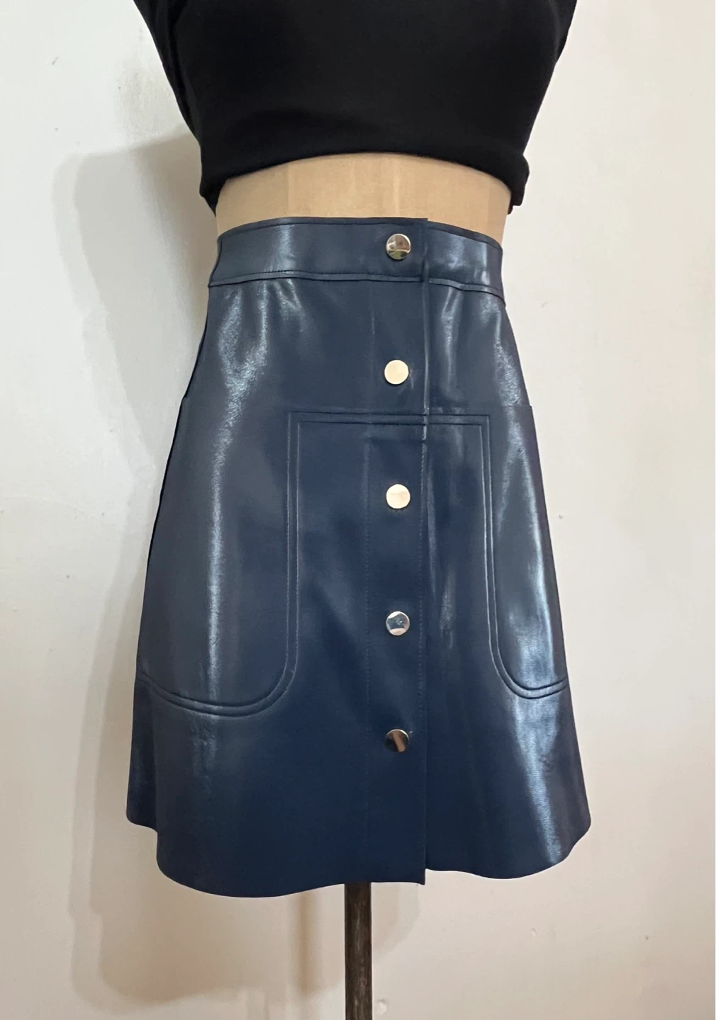 TOPSHOP Blue Faux Leather A-Line Skirt - UK 8 / US 4