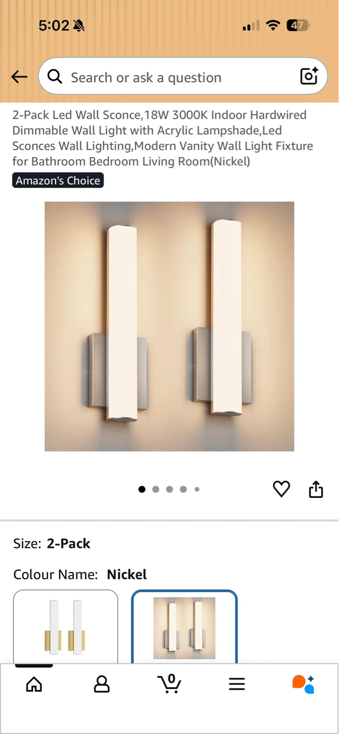 2-Pack LED Wall Sconces, 18W 3000K, Nickel Finish