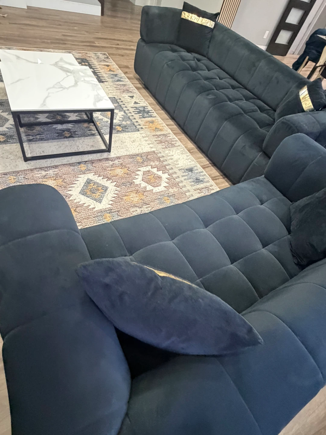 Black Velvet Sectional Sofa with Gold Accents - photo 3