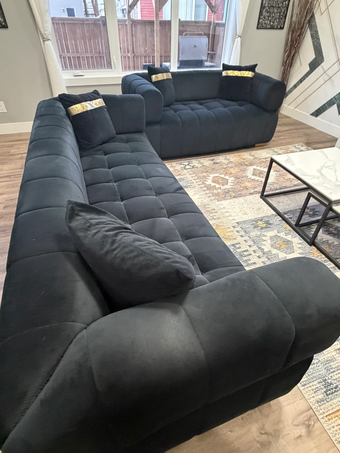 Black Velvet Sectional Sofa with Gold Accents