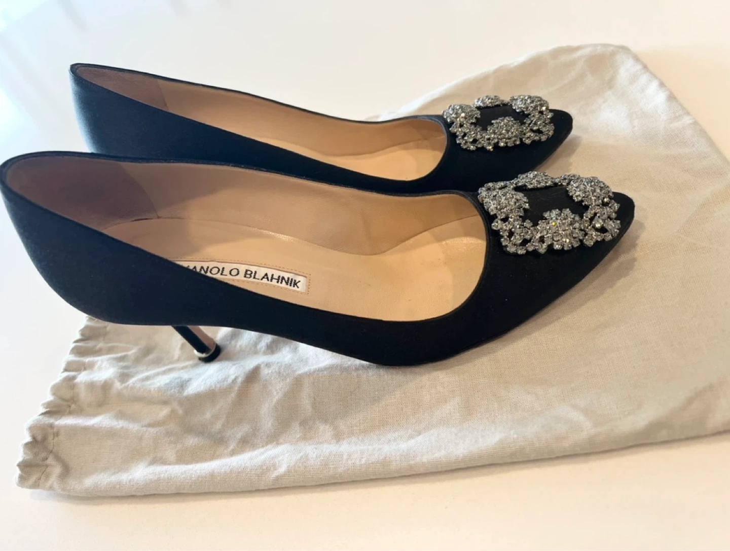 Manolo Blahnik Black Satin Hangisi Pumps Size 37