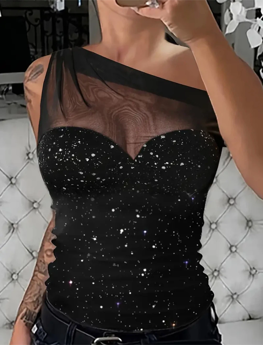 New Black One-Shoulder Sparkle Top