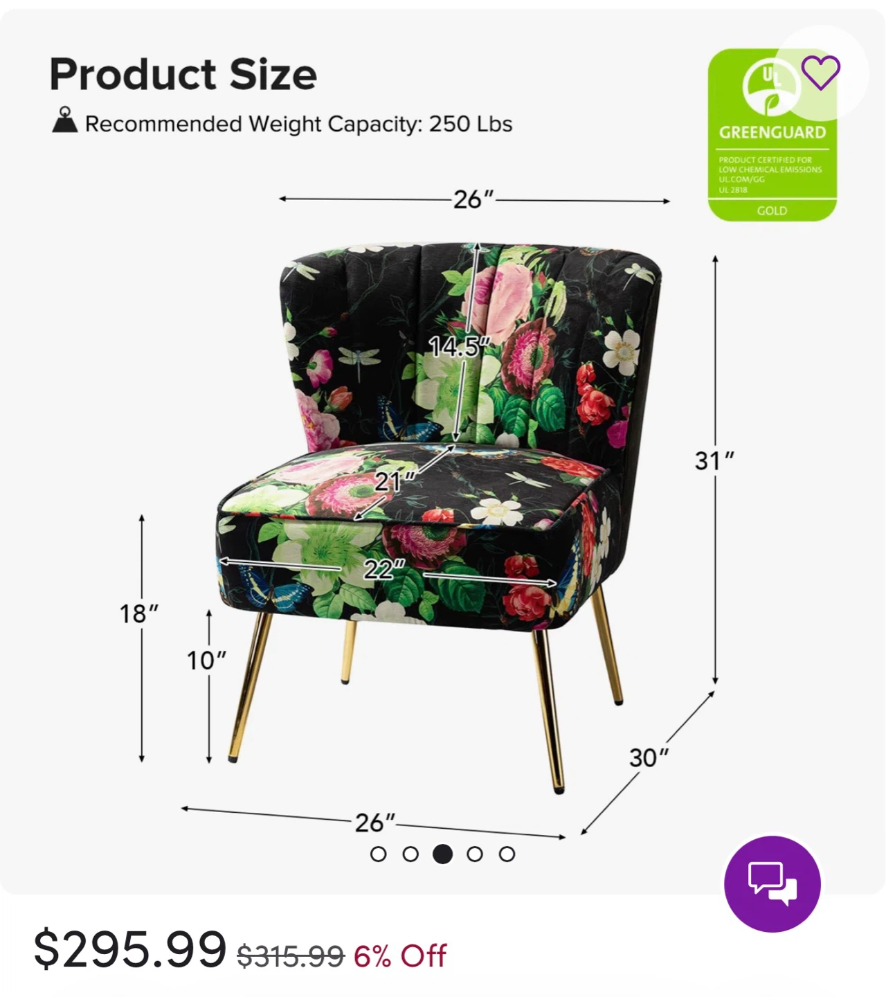 Floral Accent Chair with Gold Legs - photo 3