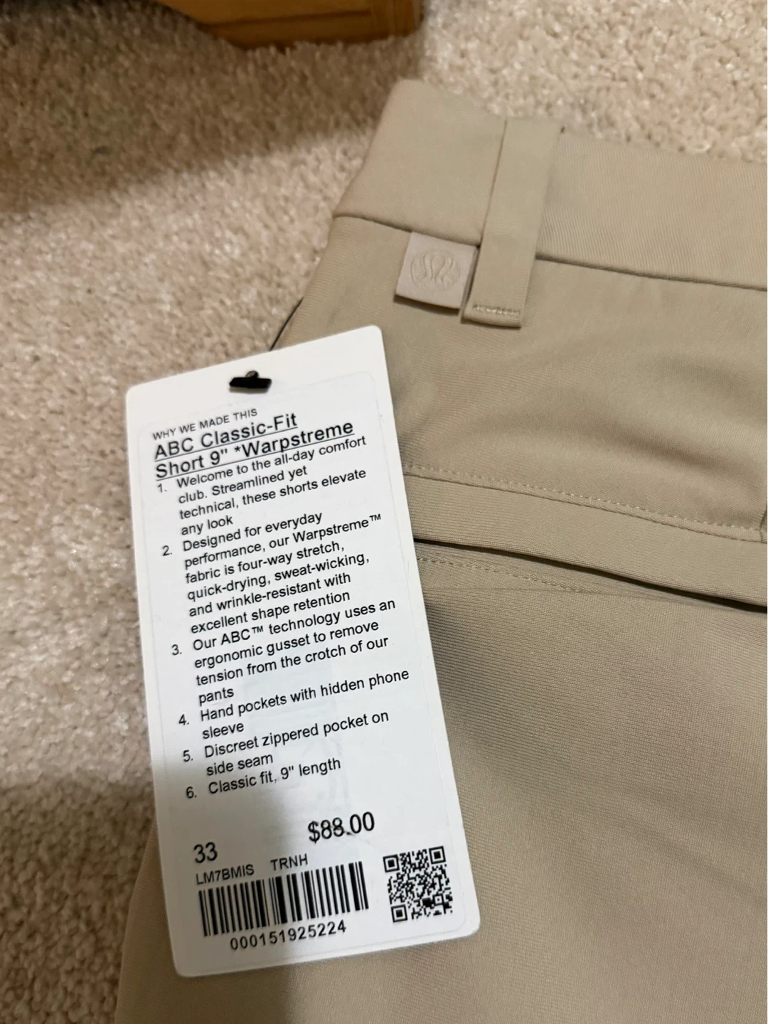 Lululemon ABC Classic-Fit Short 9" Warpstreme Khaki Size 33