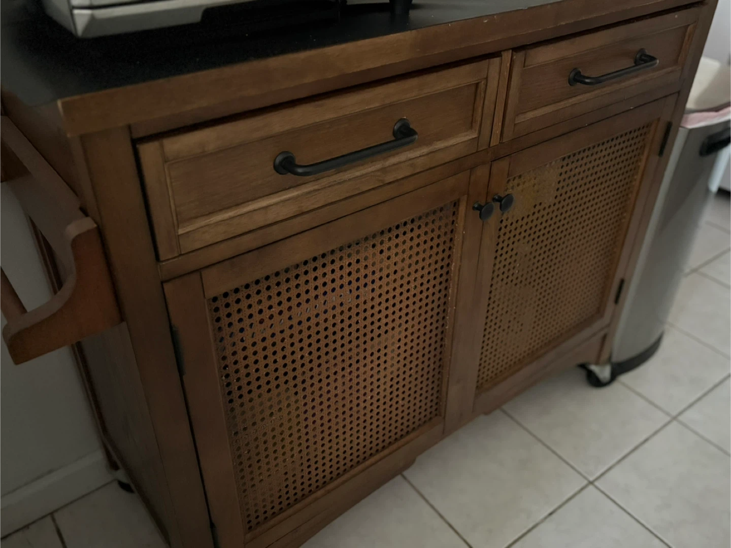 Wood kitchen cart with cane doors and drawers