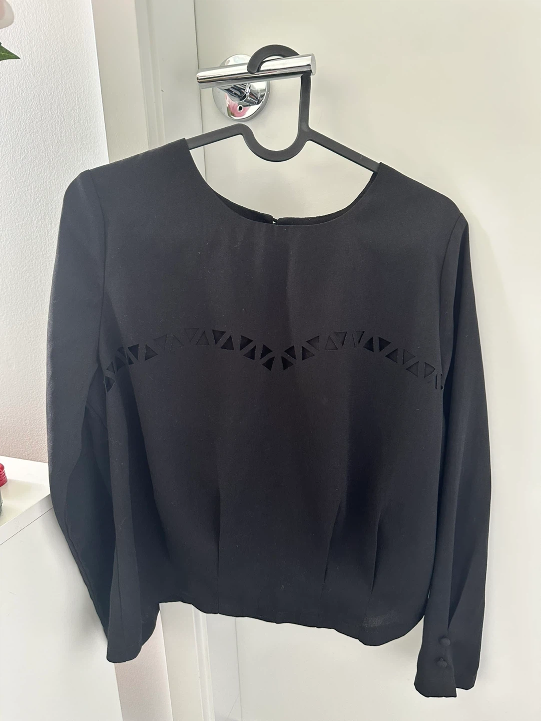 Black Long Sleeve Blouse with Geometric Cutout Detail