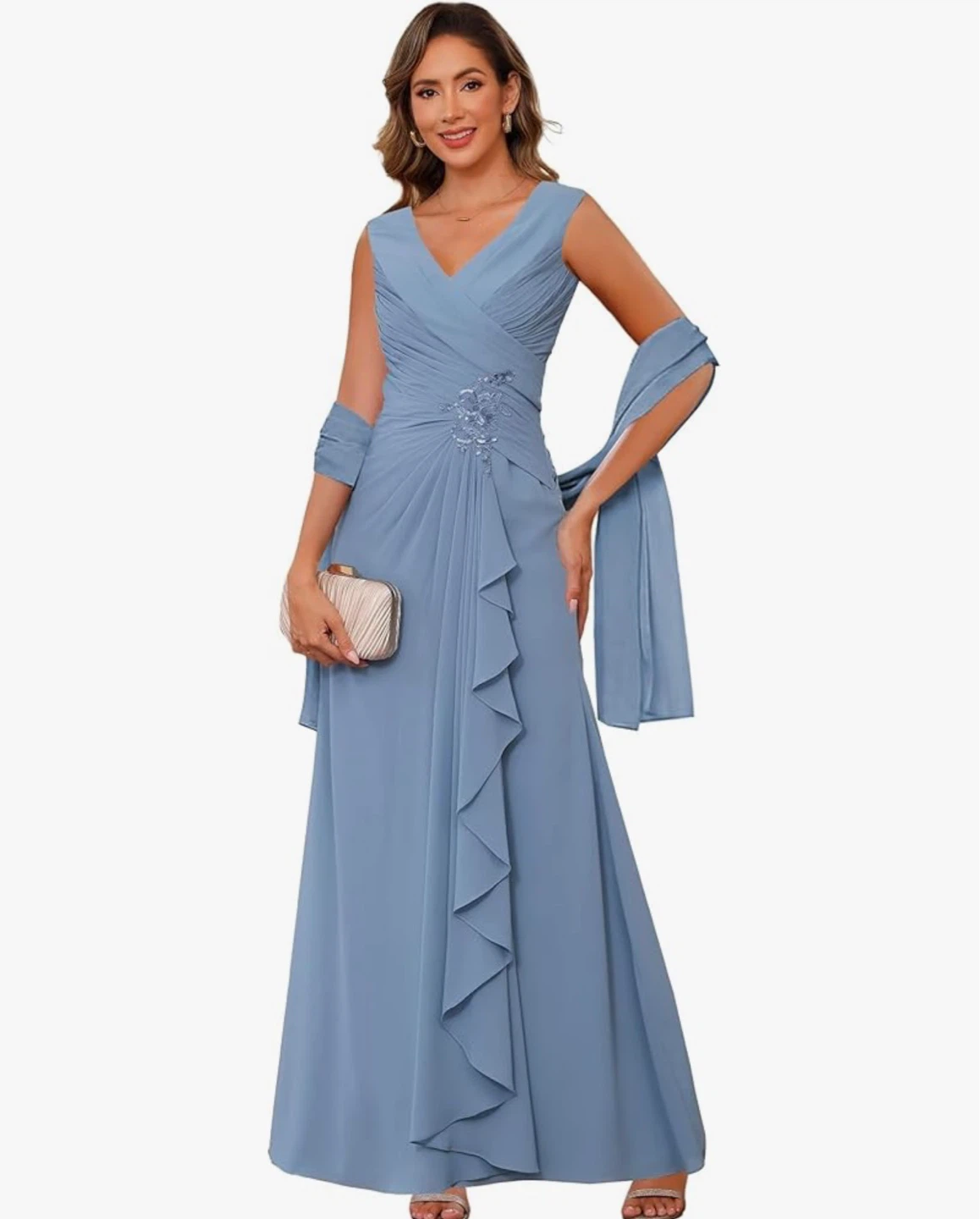 Women's Blue Ruched Gown with Scarf