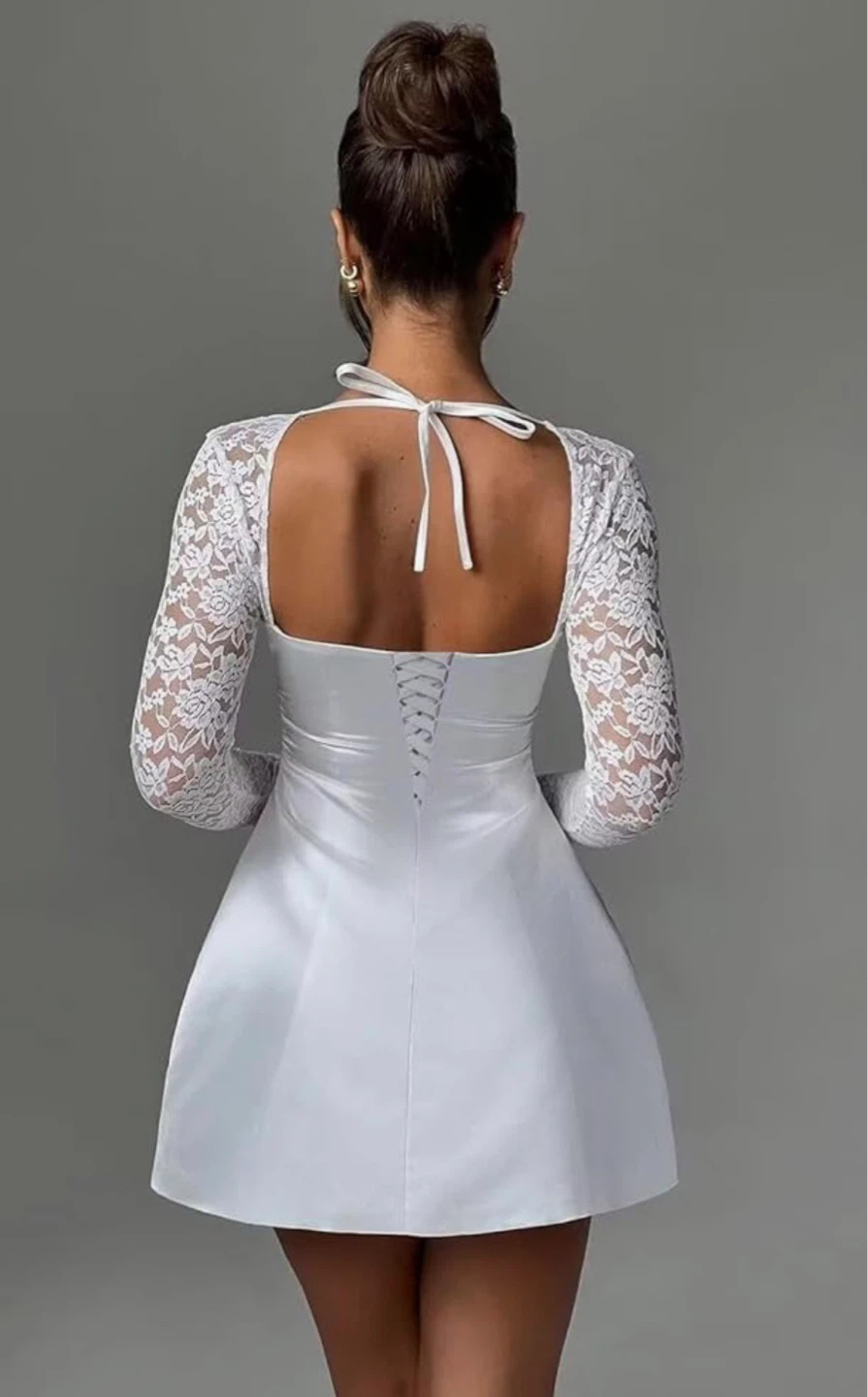 Satin Mini Dress with Lace Sleeves - photo 2