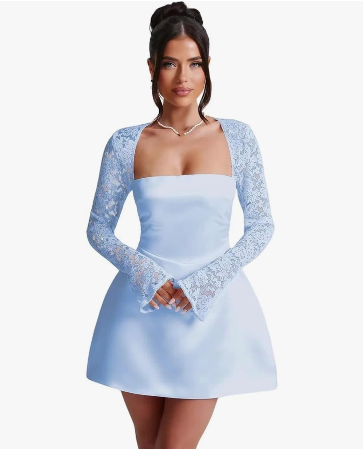 Satin Mini Dress with Lace Sleeves