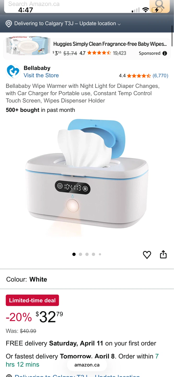 Bellababy Wipe Warmer with Night Light and Car Charger - White