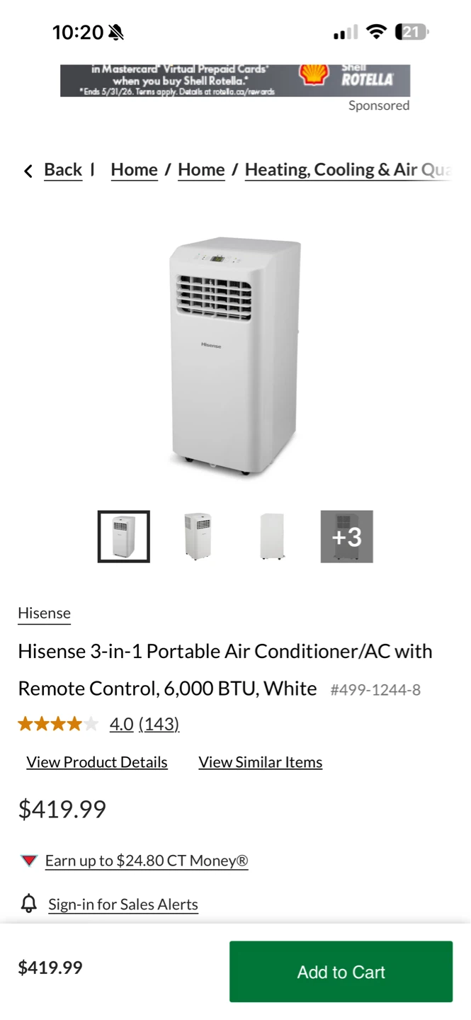Hisense 3-in-1 Portable Air Conditioner/AC 6,000 BTU White