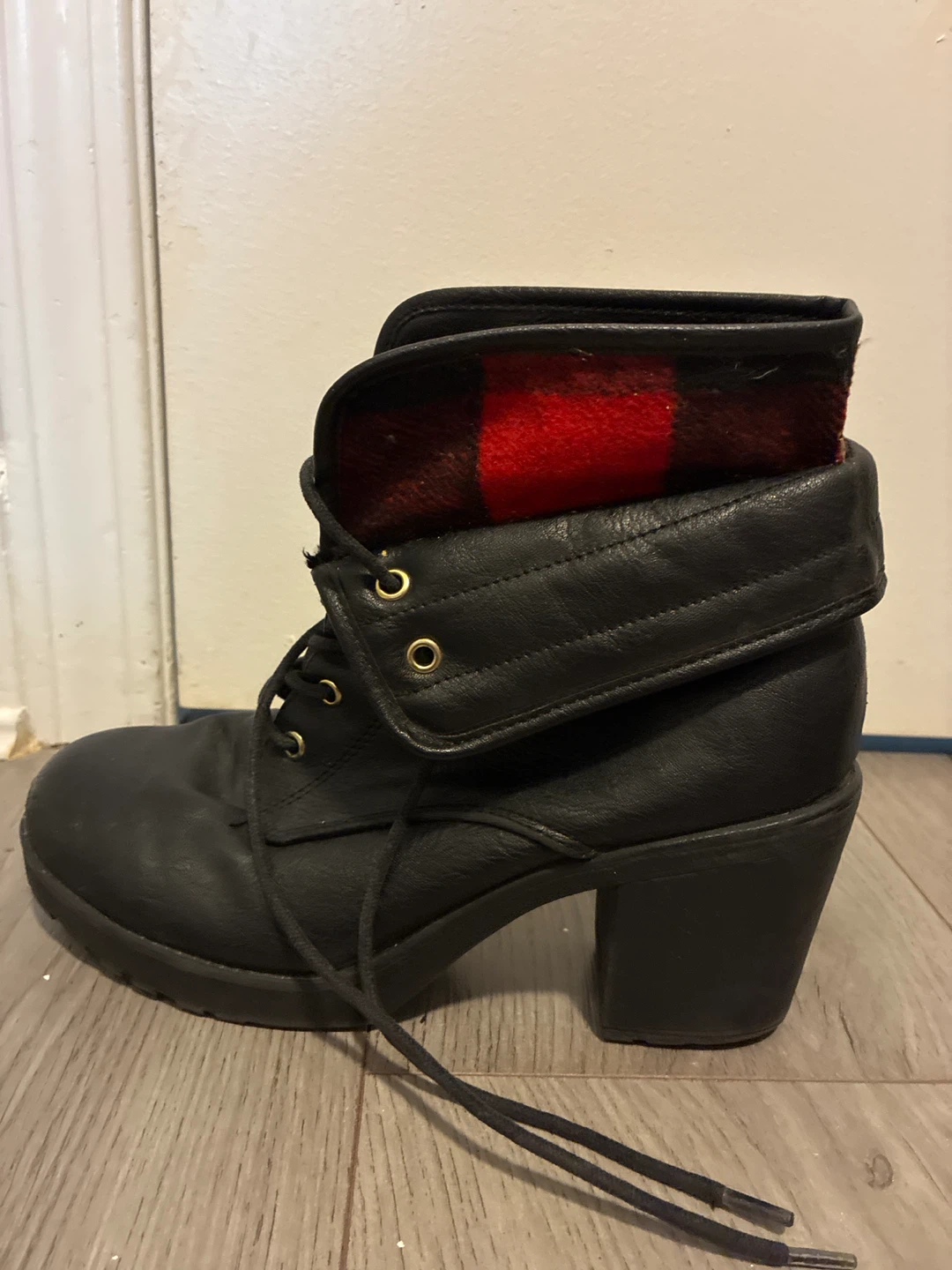 Black Heeled Combat Boots with Plaid Lining