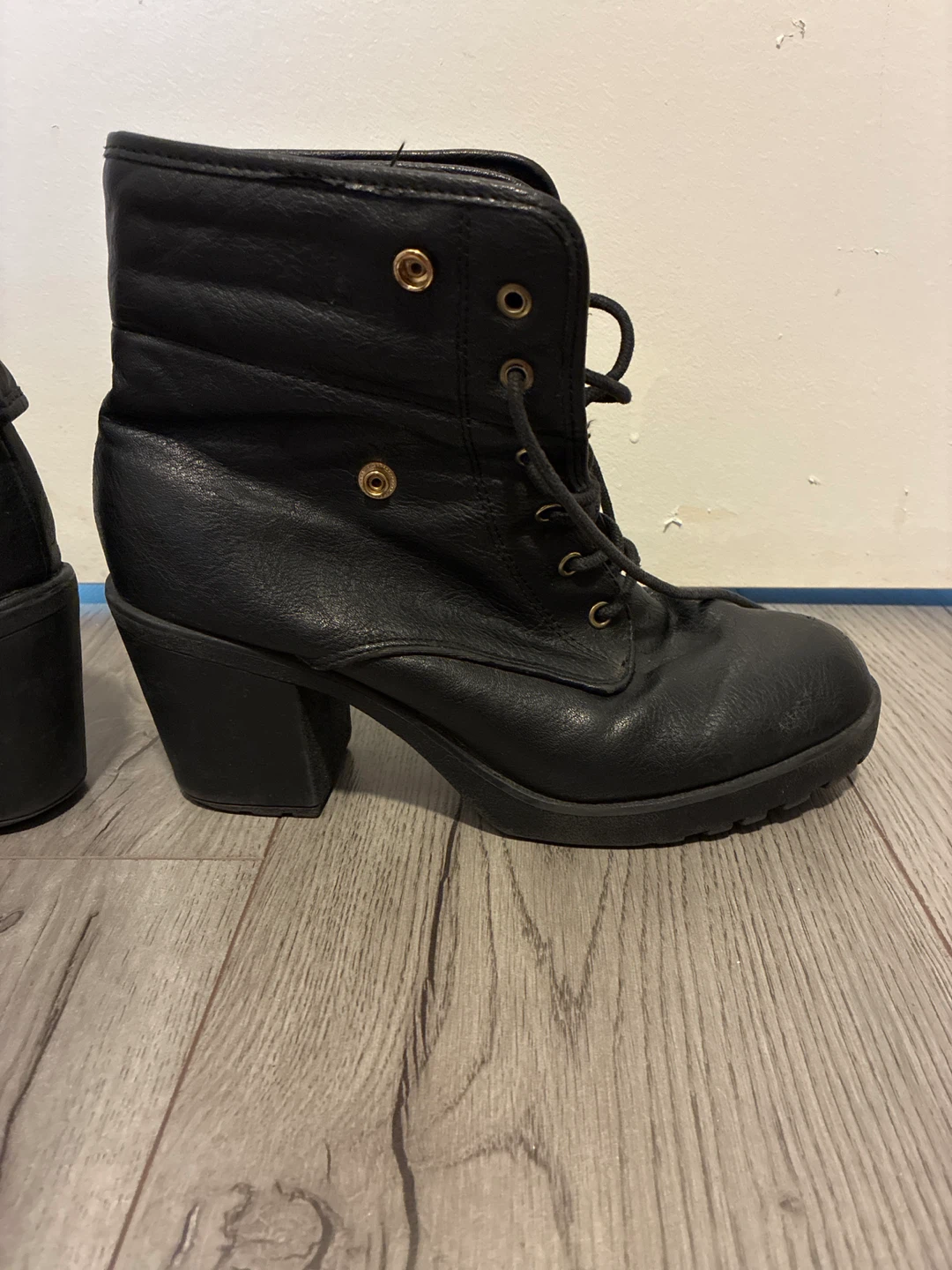 Black Heeled Combat Boots with Plaid Lining - photo 2