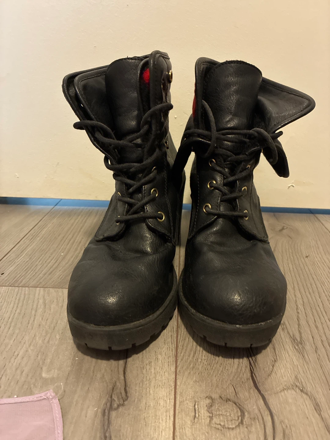 Black Heeled Combat Boots with Plaid Lining - photo 3