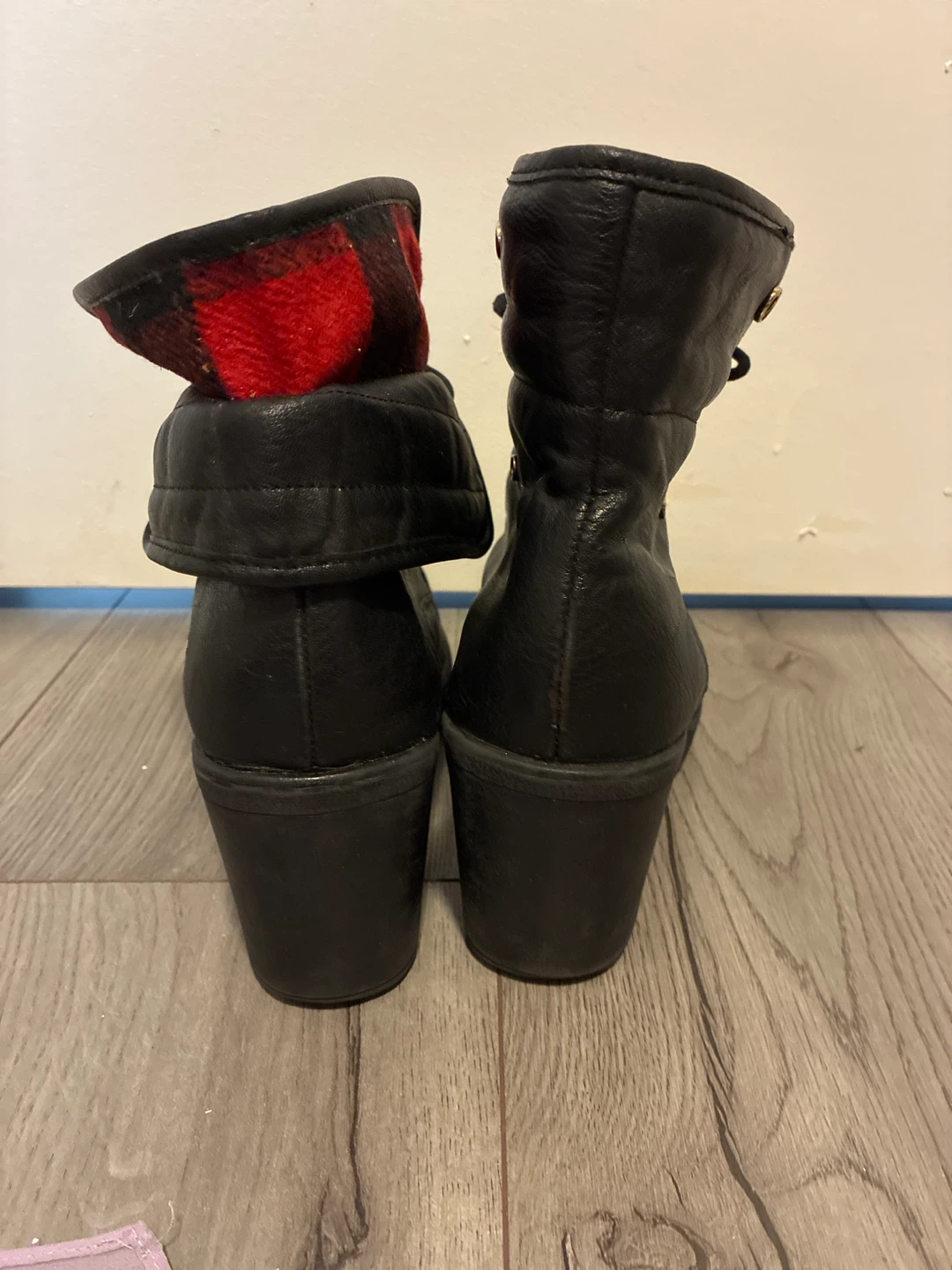 Black Heeled Combat Boots with Plaid Lining - photo 4