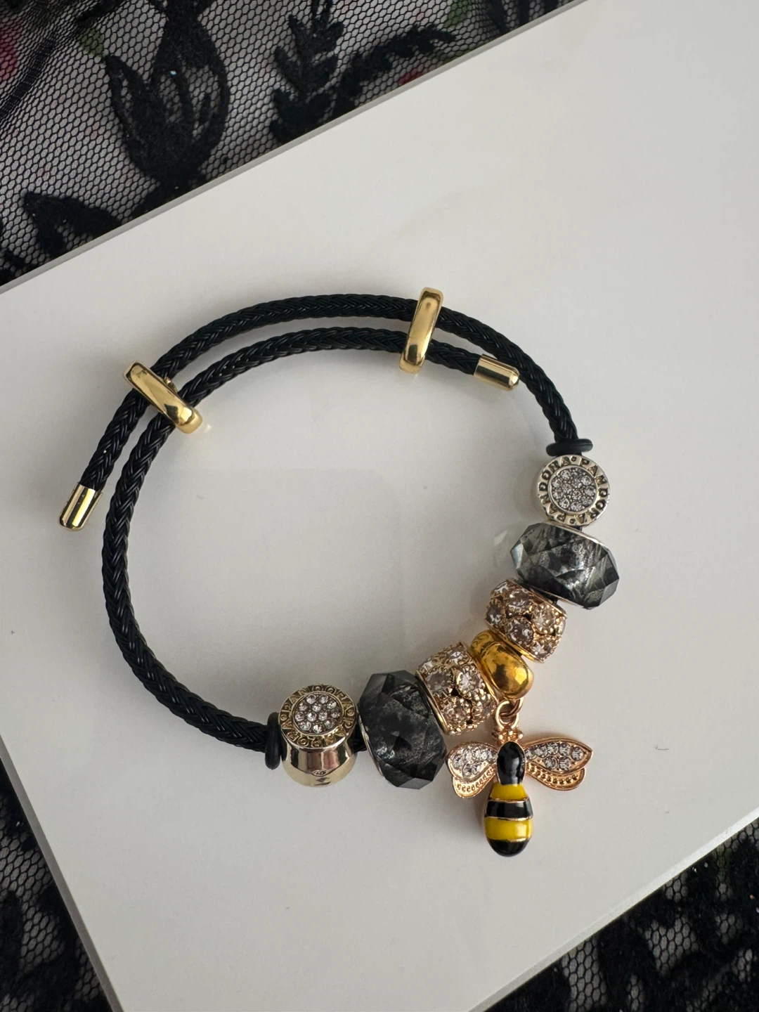 Charm Bracelet with Bee Charm and Clear Beads