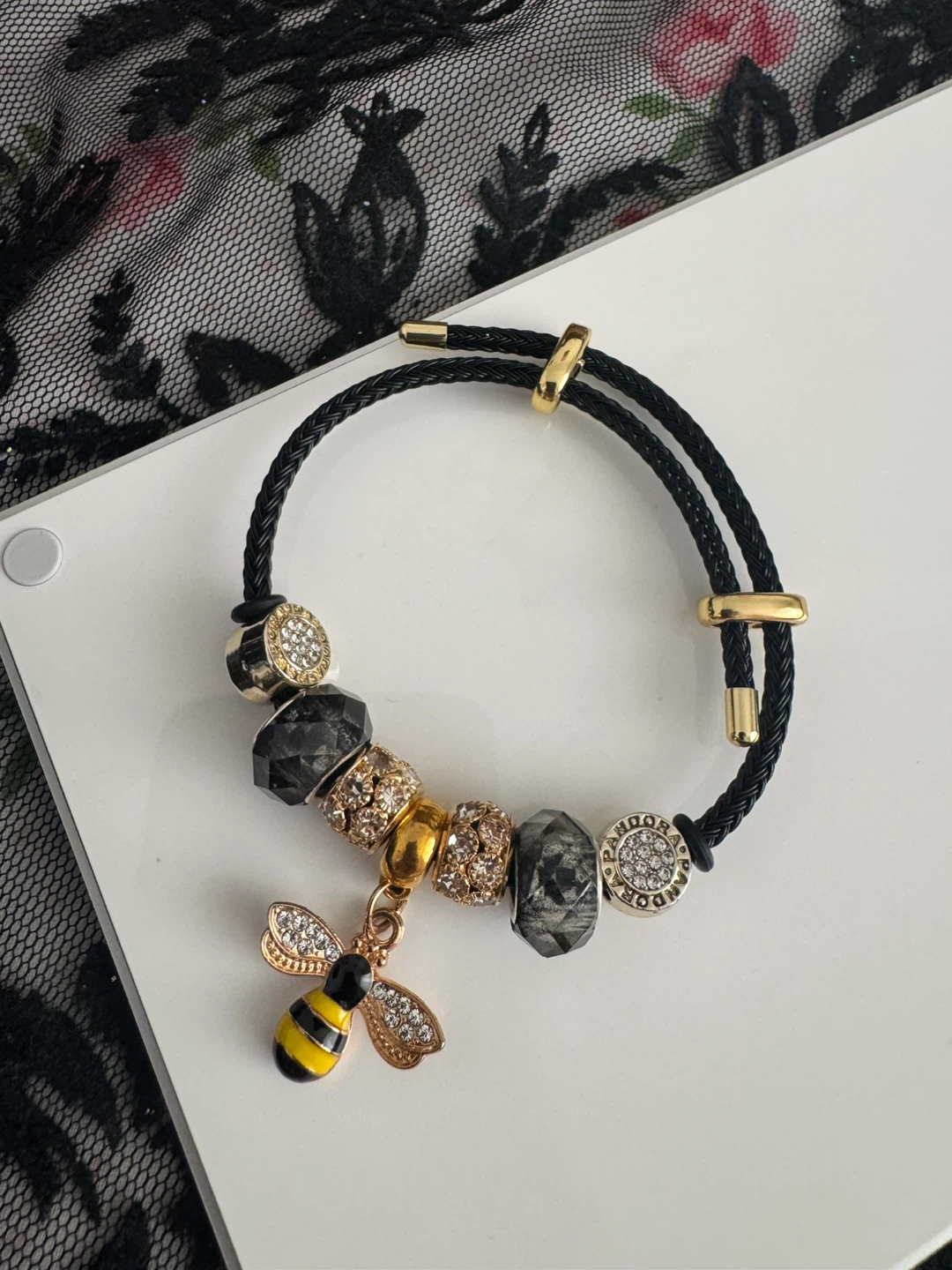 Charm Bracelet with Bee Charm and Clear Beads - photo 2