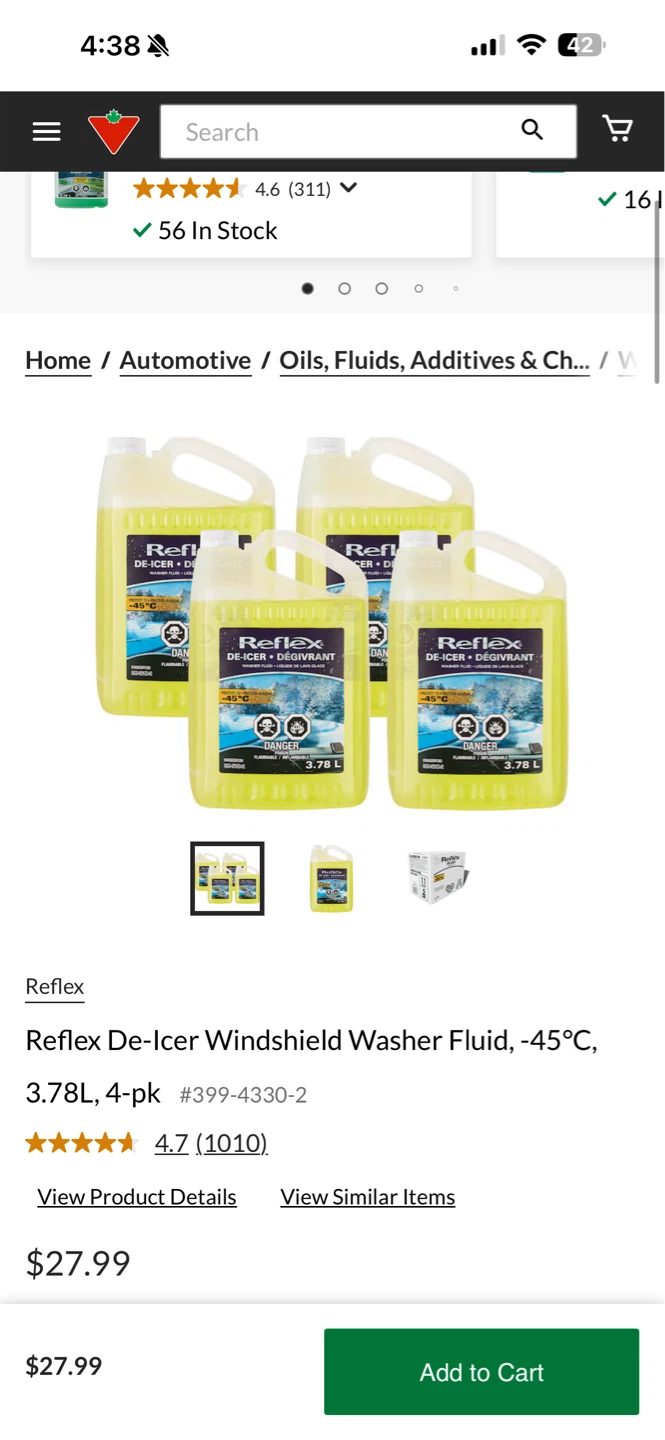 Reflex De-Icer Windshield Washer Fluid, -45°C, 3.78L, 4-pk