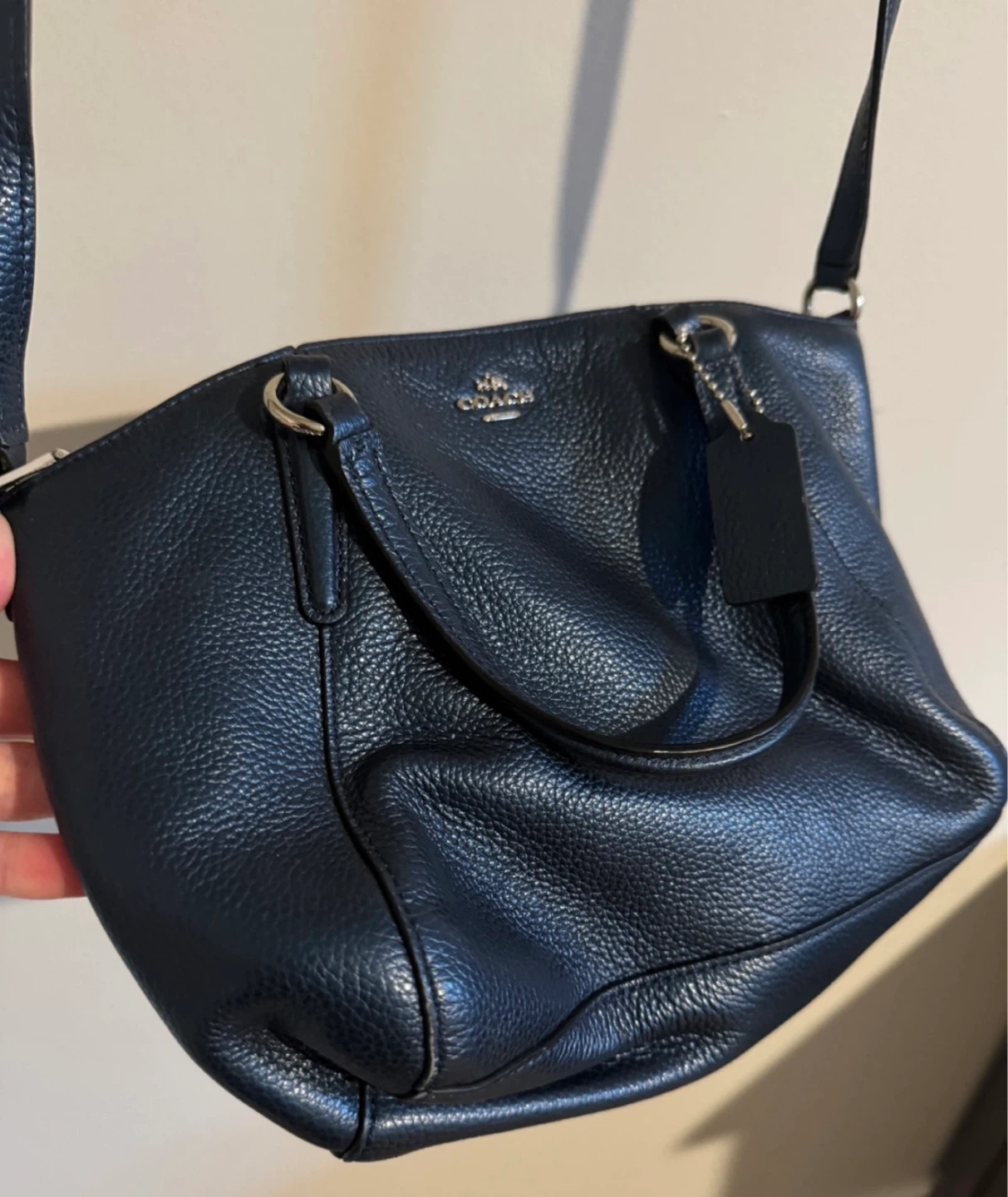 Coach Pebbled Leather Metallic Navy Blue Crossbody Bag