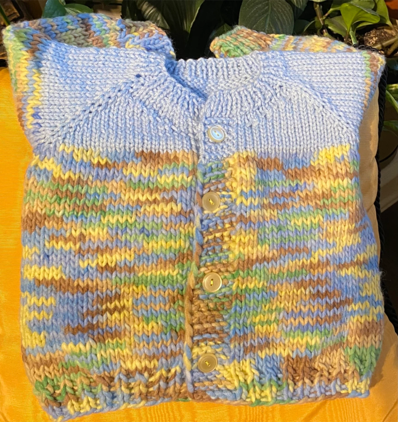 Hand-knit Baby Cardigan - Blue, Yellow, Green & Brown - photo 4