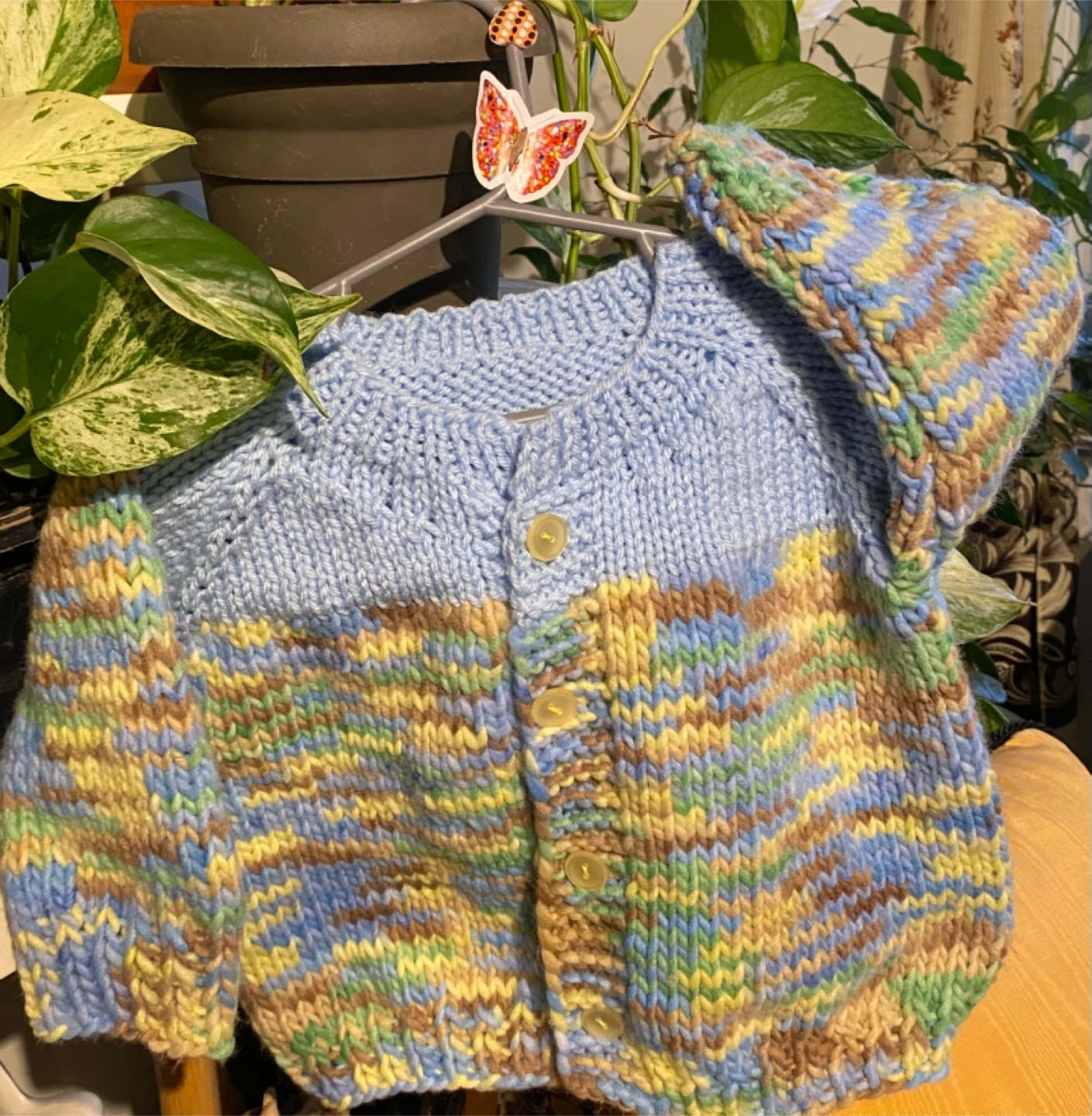 Hand-knit Baby Cardigan - Blue, Yellow, Green & Brown - photo 2
