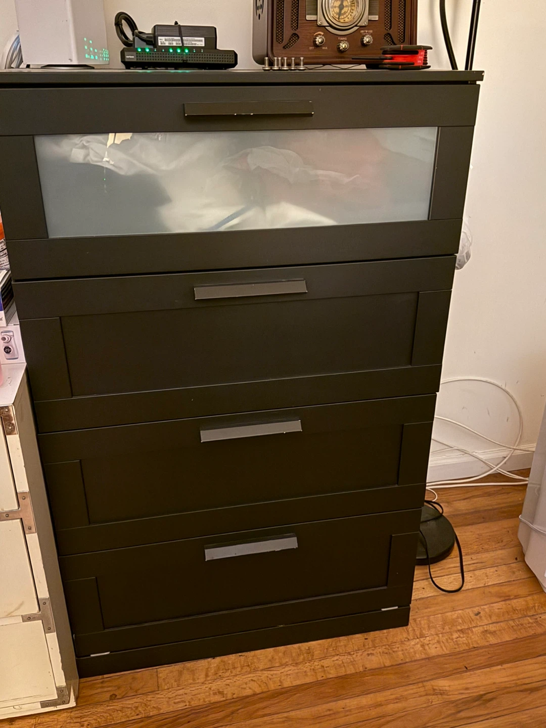 Dark Brown 5-Drawer Dresser with Frosted Glass Top
