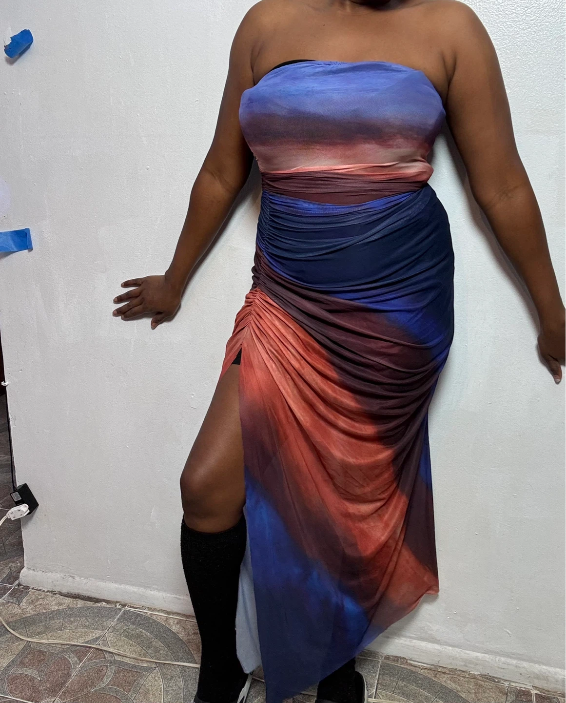 Women's Strapless Ruched Mesh Maxi Dress