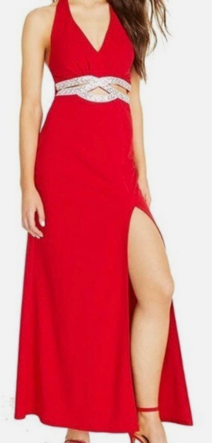 Red Halter Neck Maxi Dress with Embellished Waist