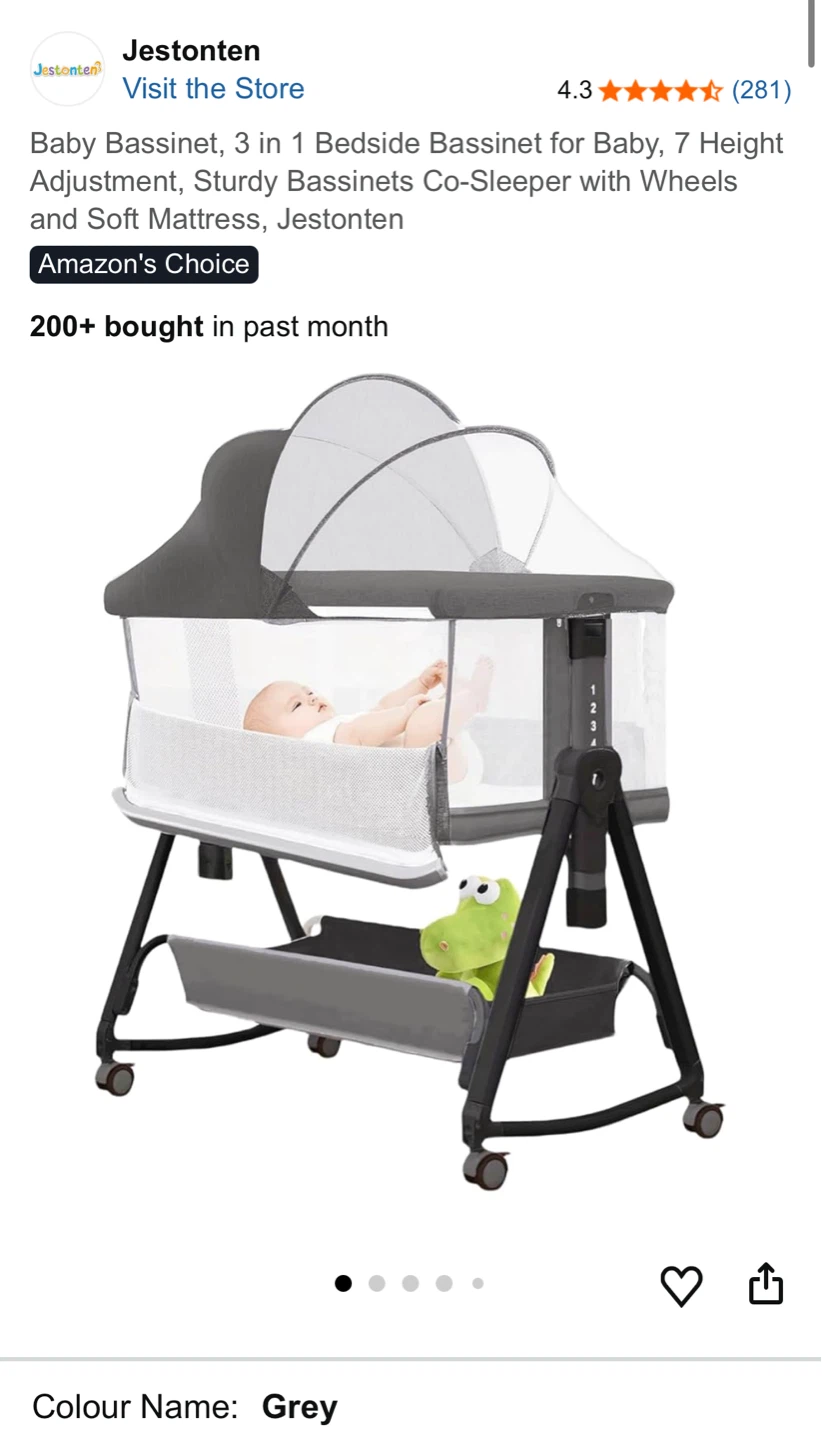 Jestonen 3 in 1 Baby Bassinet Bedside Sleeper - Grey