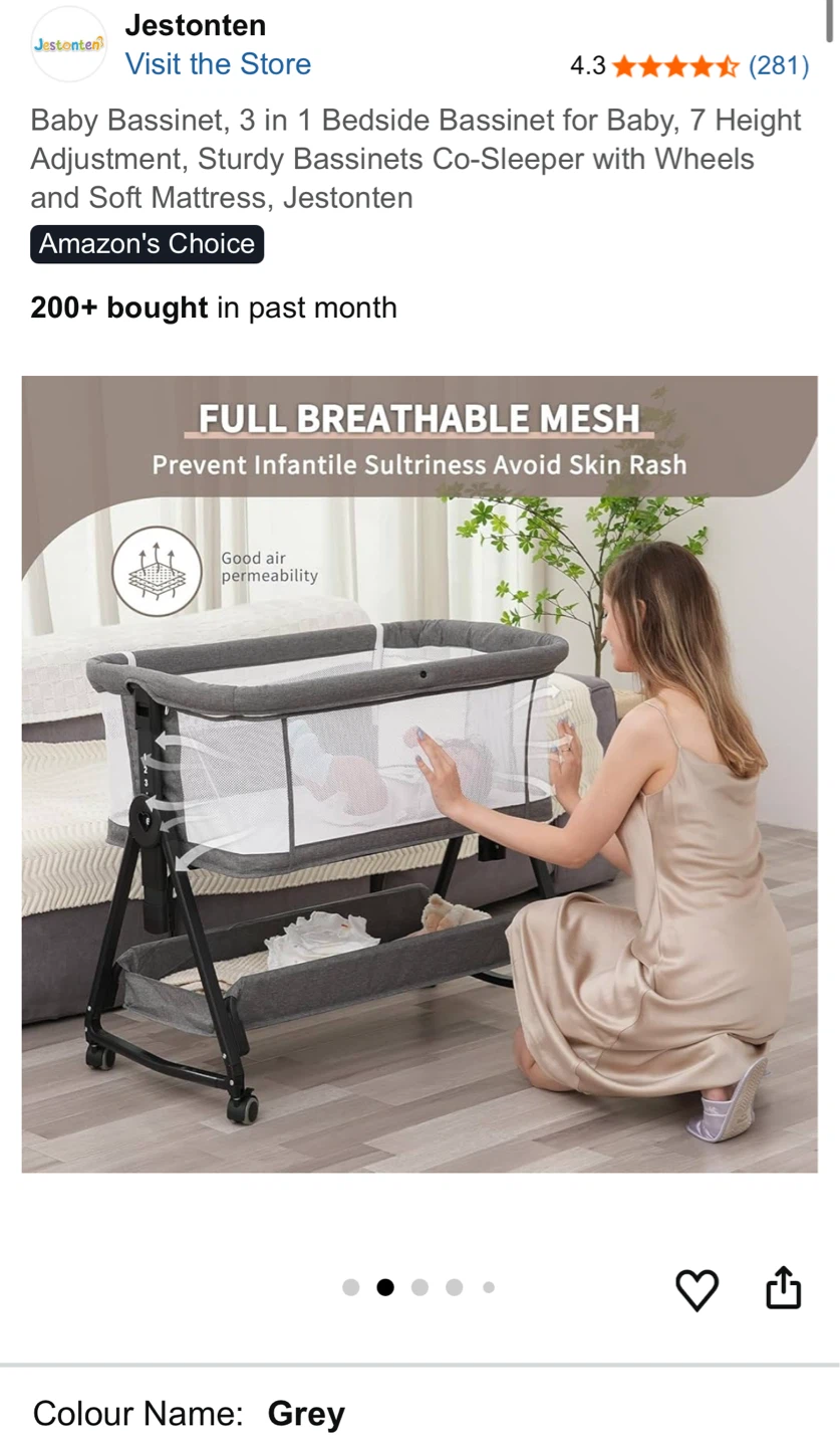 Jestonen 3 in 1 Baby Bassinet Bedside Sleeper - Grey - photo 2