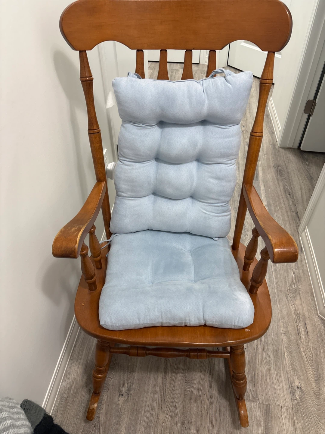 Wooden Rocking Chair with Light Blue Cushion