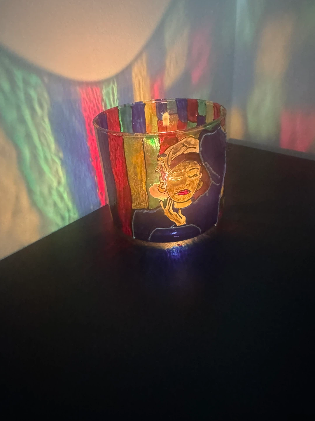 Hand-Painted Glass Candle Holder with Abstract Design